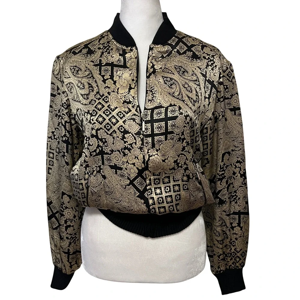 Vintage S.L.B. Petite Black Gold Paisley Silk Bomber Jacket Size‎ Petite Small